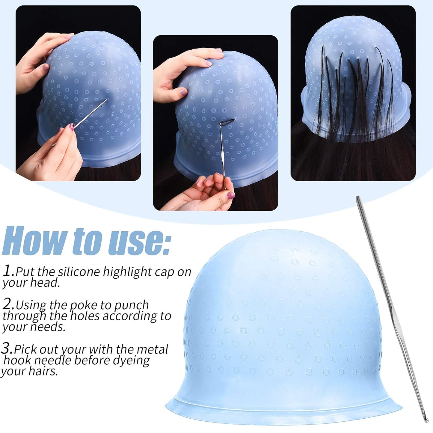 3pcs-Hair Coloring Highlighting Cap Reusable Silicone Highlight Cap Pull Through Caps for Hair Coloring Frosting Cap with Hook Hair Dye Cap with Holes Hair Salon Tools Hairdressing Highlighting Kit HD01