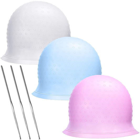 3pcs-Hair Coloring Highlighting Cap Reusable Silicone Highlight Cap Pull Through Caps for Hair Coloring Frosting Cap with Hook Hair Dye Cap with Holes Hair Salon Tools Hairdressing Highlighting Kit  HD01